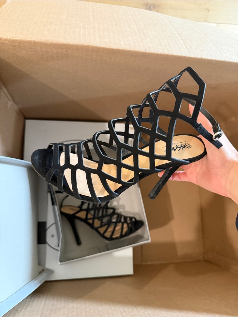 Black Cage Strappy Stiletto Sandals - Women